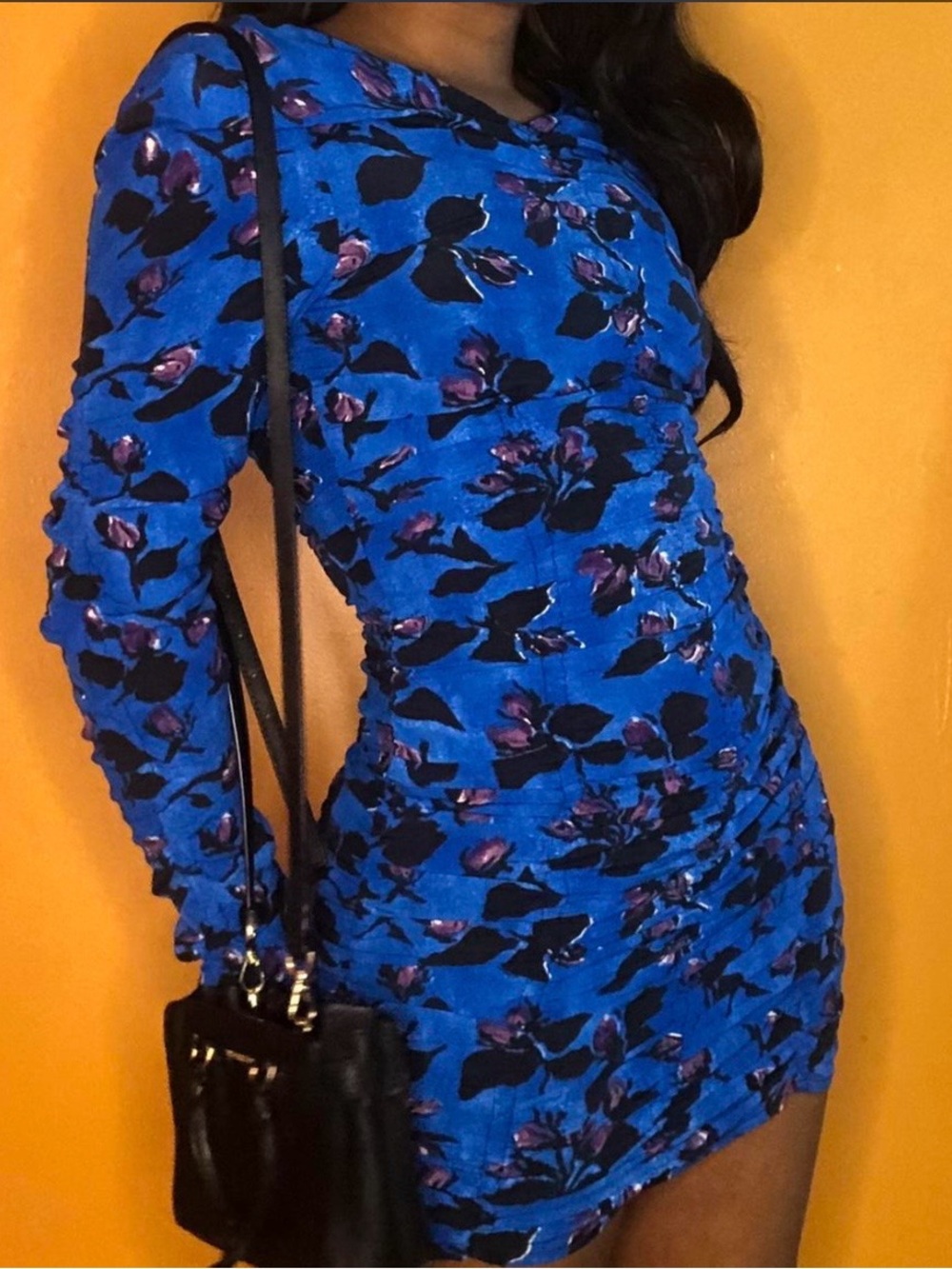 ZARA Ruched Bodycon Cocktail Dress Long Sleeve Cobalt Blue
